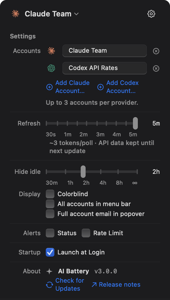 AI Battery settings showing Claude and Codex accounts, refresh interval, display options, alerts, and About